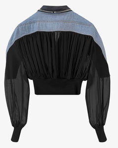 Denim Semi-Sheer Zip Front Bomber Jacket