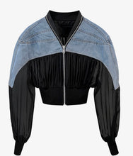 Load image into Gallery viewer, Denim Semi-Sheer Zip Front Bomber Jacket
