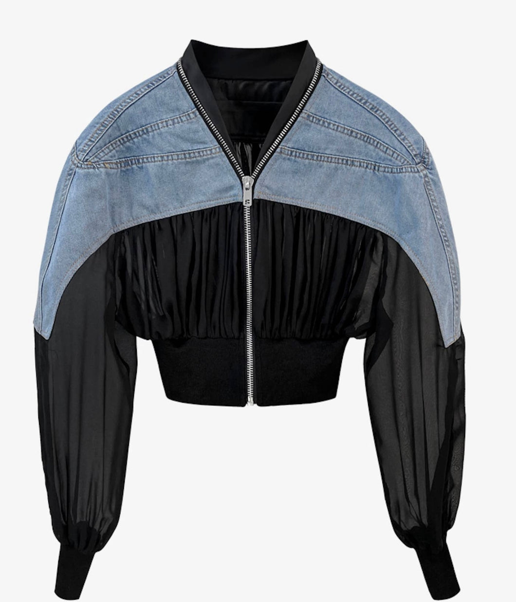 Denim Semi-Sheer Zip Front Bomber Jacket